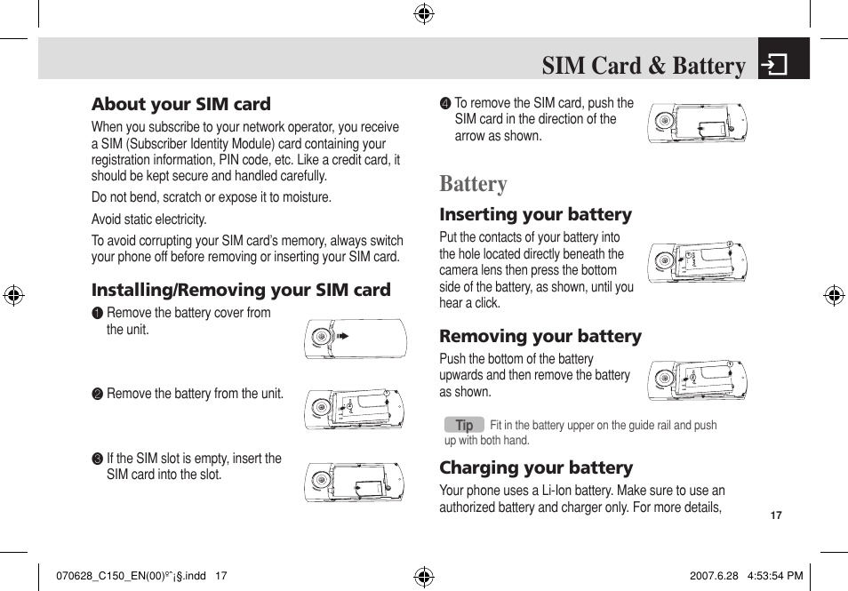 Sim card & battery, Battery, About your sim card | Installing/removing your sim card, Inserting your battery, Removing your battery, Charging your battery | Pantech C150 User Manual | Page 18 / 101