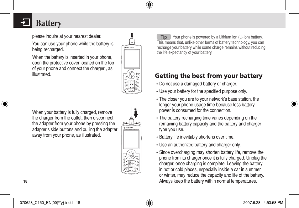 Battery, Getting the best from your battery | Pantech C150 User Manual | Page 19 / 101