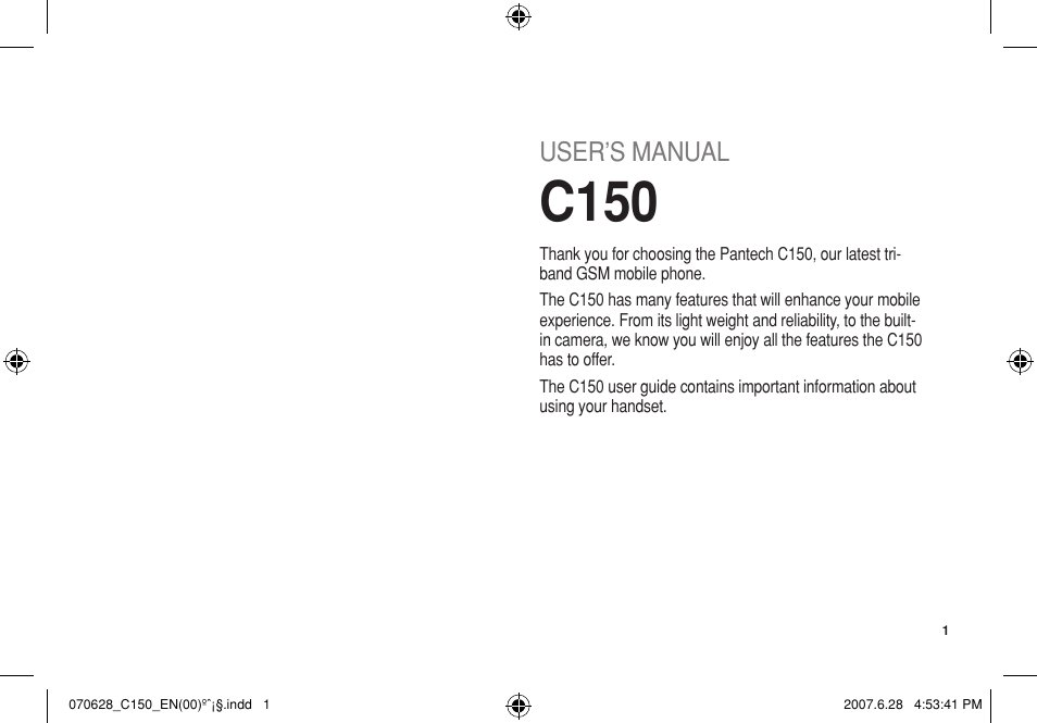 C150 | Pantech C150 User Manual | Page 2 / 101