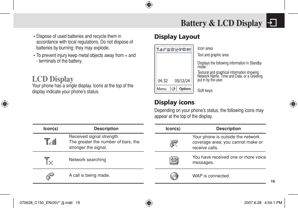 Battery & lcd display, Lcd display, Display layout display icons | Pantech C150 User Manual | Page 20 / 101