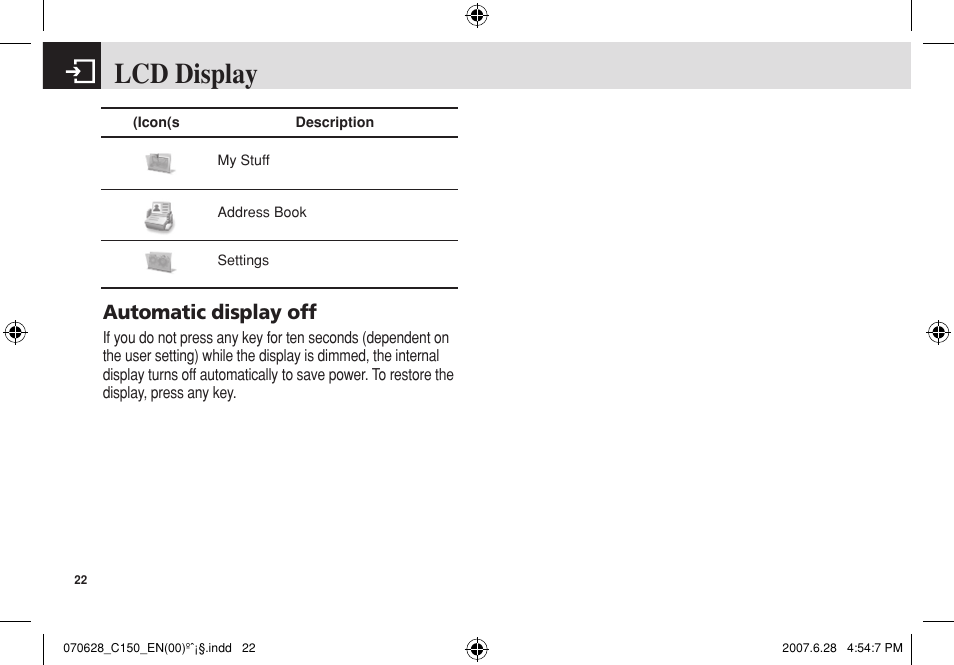 Lcd display, Automatic display off | Pantech C150 User Manual | Page 23 / 101