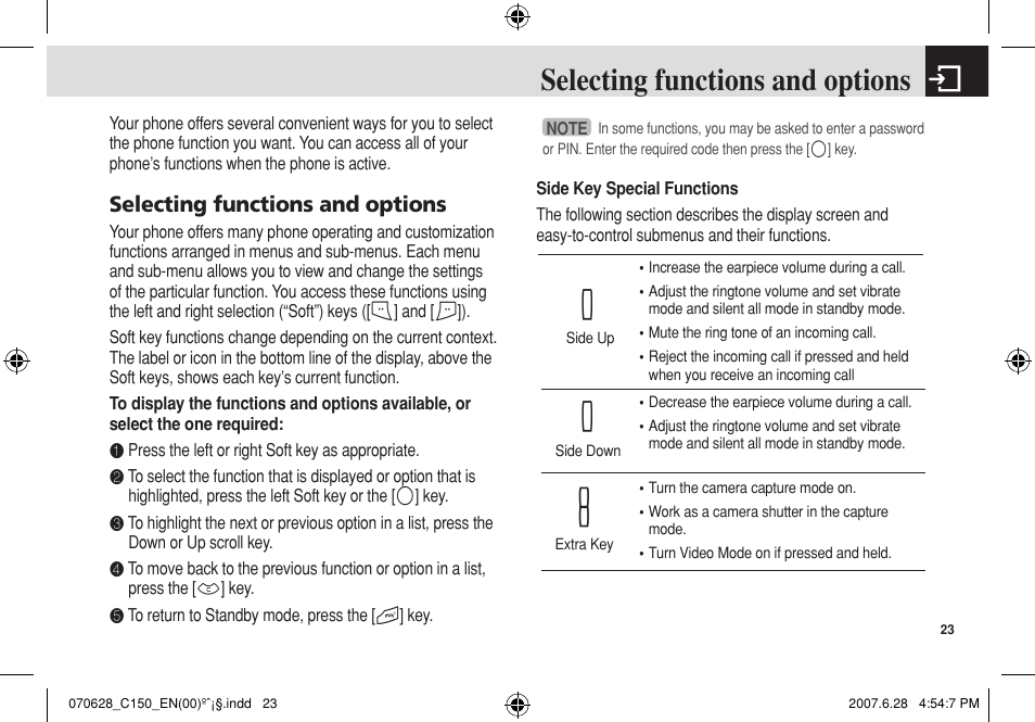 Selecting functions and options | Pantech C150 User Manual | Page 24 / 101