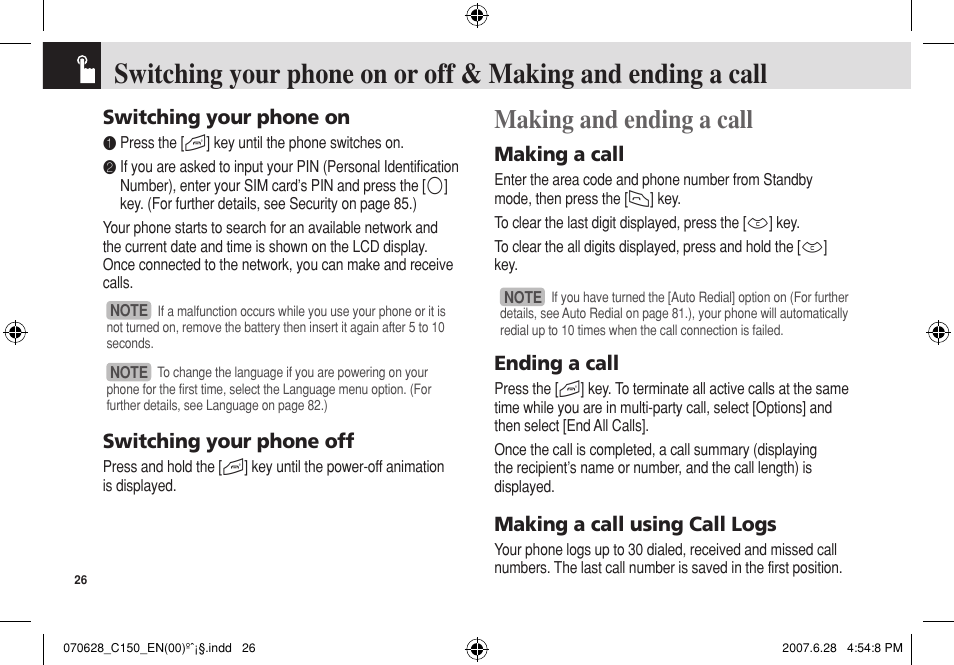 Making and ending a call, Switching your phone on, Switching your phone off | Making a call, Ending a call, Making a call using call logs | Pantech C150 User Manual | Page 27 / 101