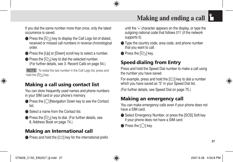 Making and ending a call, Making a call using contact list, Making an international call | Speed -dialing from entry, Making an emergency call | Pantech C150 User Manual | Page 28 / 101