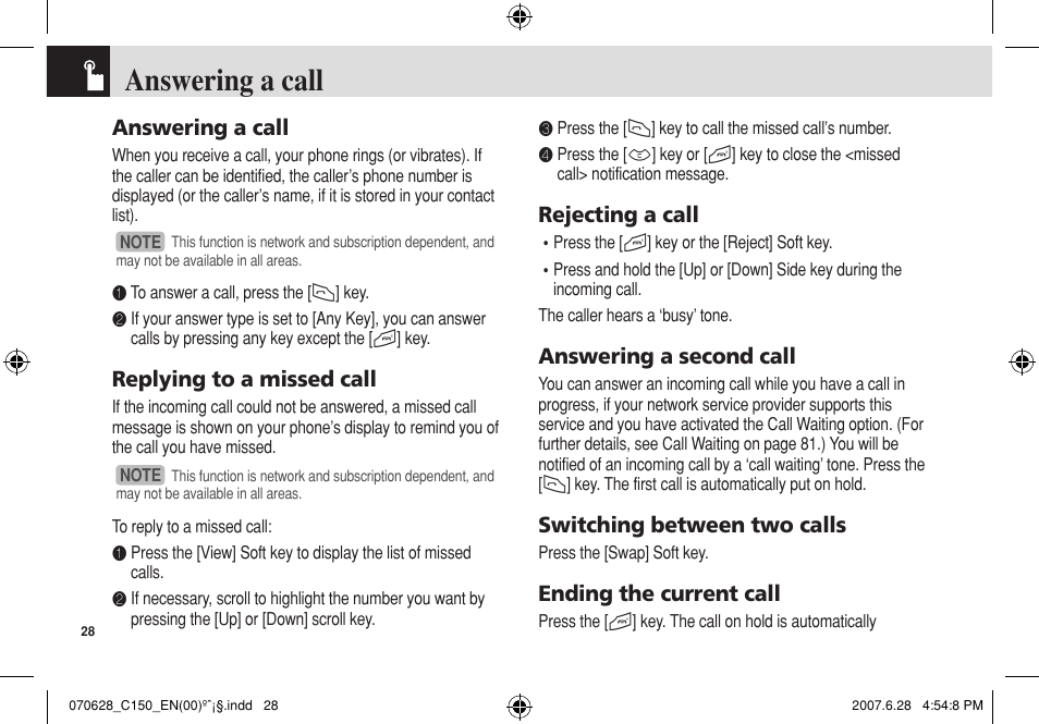 Answering a call, Replying to a missed call, Rejecting a call | Answering a second call, Switching between two calls, Ending the current call | Pantech C150 User Manual | Page 29 / 101
