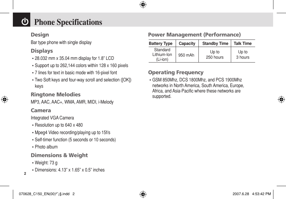 Phone specifications | Pantech C150 User Manual | Page 3 / 101