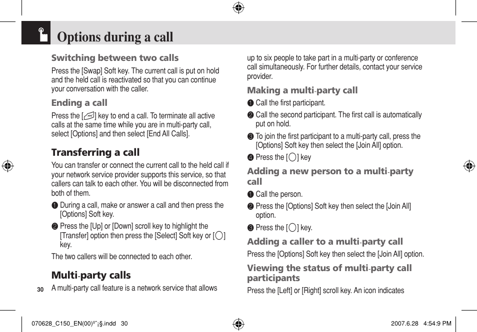 Options during a call | Pantech C150 User Manual | Page 31 / 101