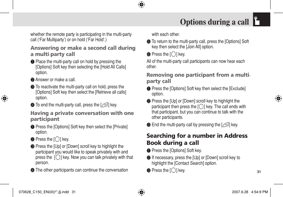 Options during a call | Pantech C150 User Manual | Page 32 / 101