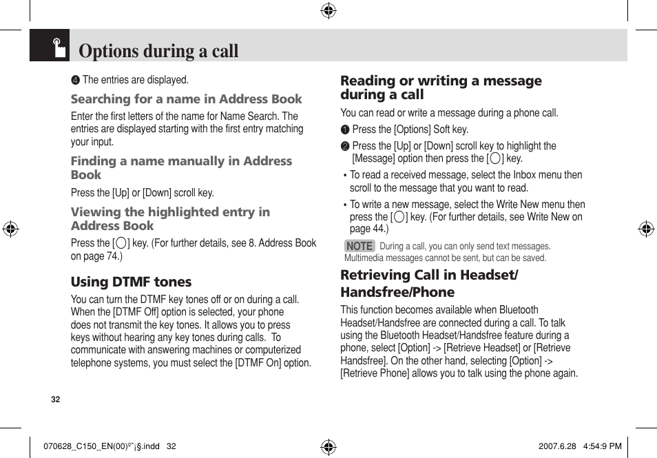Options during a call, Using dtmf tones, Reading or writing a message during a call | Retrieving call in headset/ handsfree/phone | Pantech C150 User Manual | Page 33 / 101