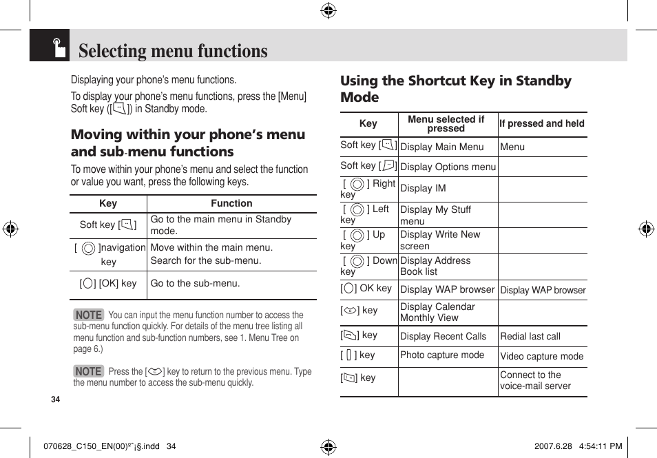 Selecting menu functions, Using the shortcut key in standby mode | Pantech C150 User Manual | Page 35 / 101