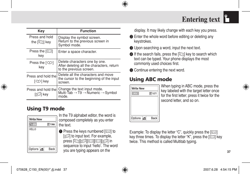 Entering text, Using t9 mode, Using abc mode | Pantech C150 User Manual | Page 38 / 101