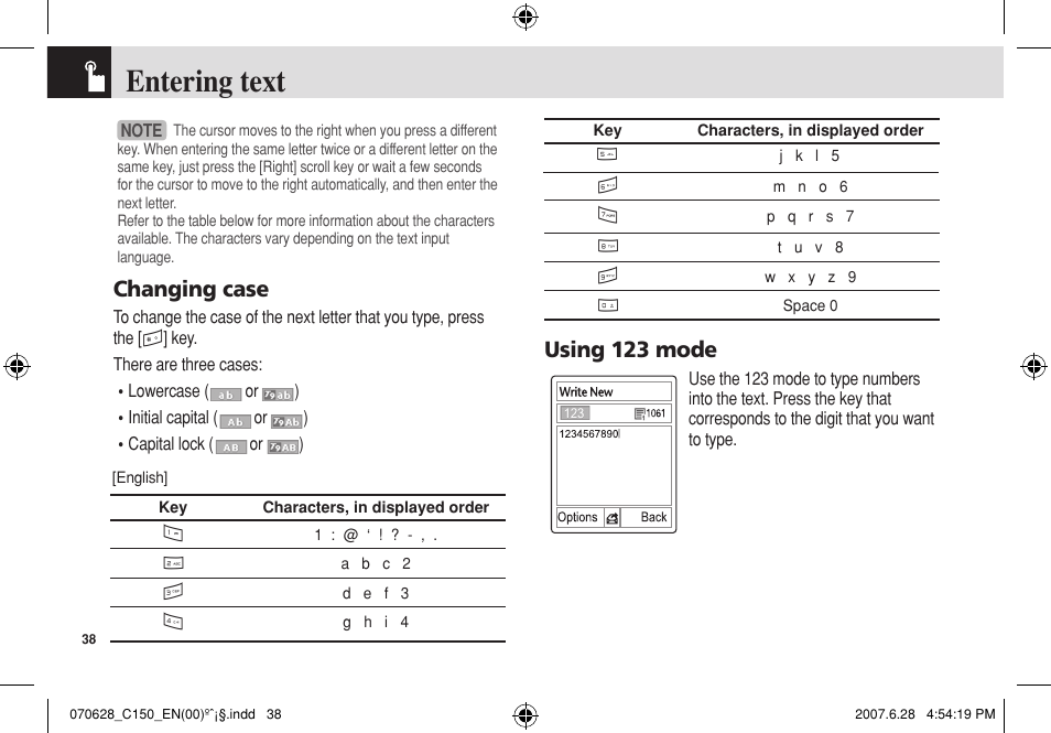 Entering text, Changing case, Using 123 mode | Pantech C150 User Manual | Page 39 / 101