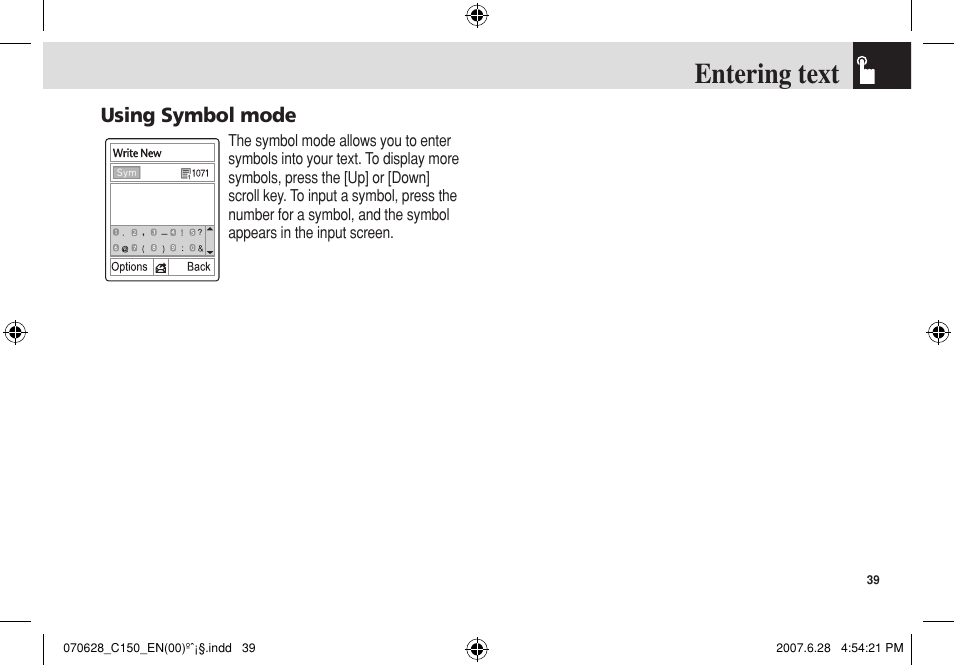 Entering text, Using symbol mode | Pantech C150 User Manual | Page 40 / 101