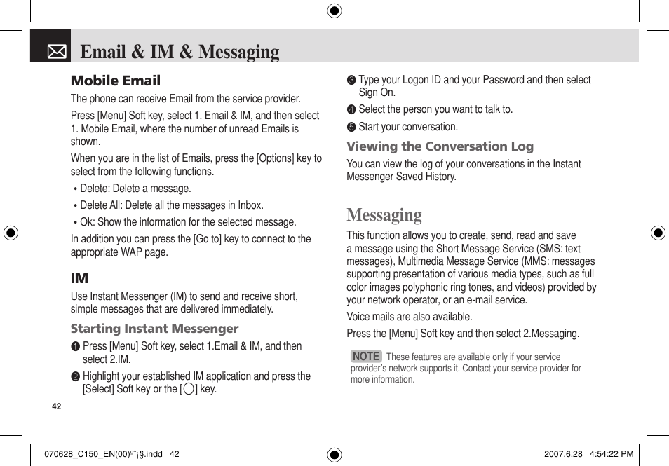 Email & im & messaging, Messaging, Mobile email | Pantech C150 User Manual | Page 43 / 101