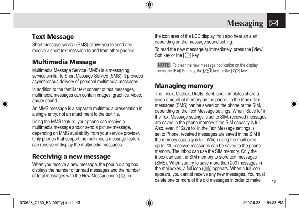Messaging, Text message, Multimedia message | Receiving a new message | Pantech C150 User Manual | Page 44 / 101
