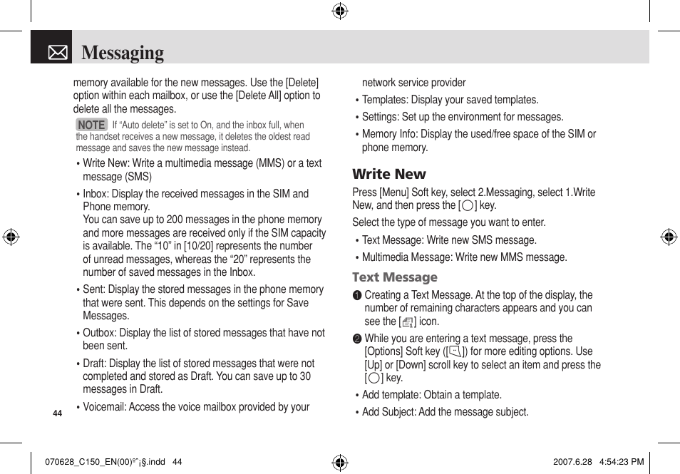 Messaging, Write new | Pantech C150 User Manual | Page 45 / 101