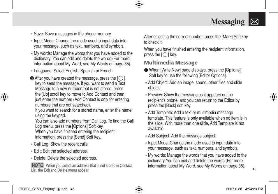 Messaging | Pantech C150 User Manual | Page 46 / 101