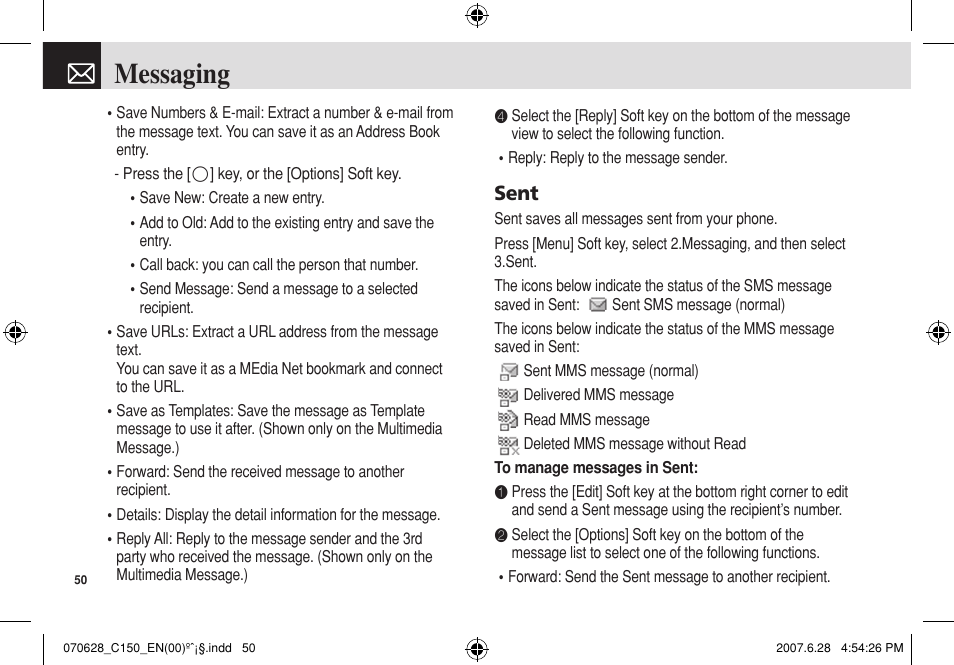 Messaging, Sent | Pantech C150 User Manual | Page 51 / 101