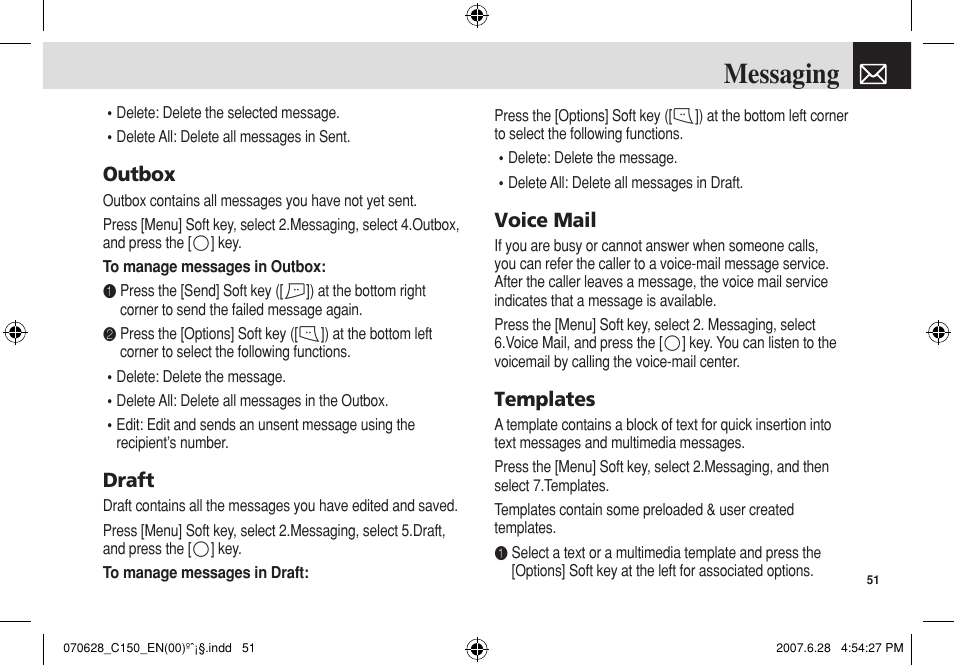 Messaging, Outbox, Draft | Voice mail, Templates | Pantech C150 User Manual | Page 52 / 101