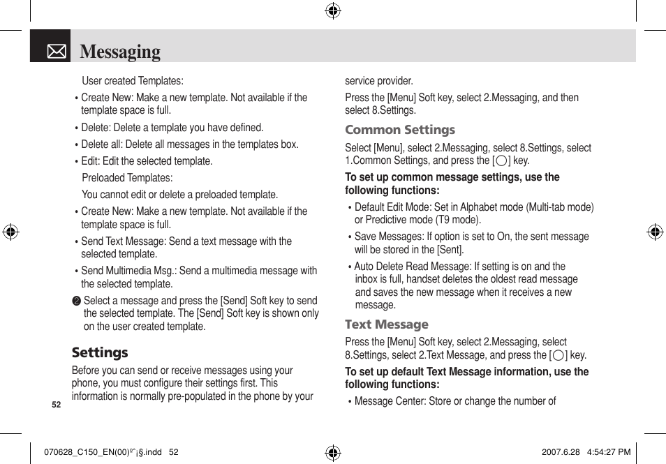 Messaging, Settings | Pantech C150 User Manual | Page 53 / 101