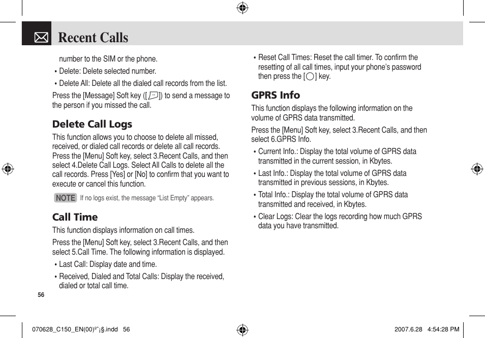 Recent calls, Delete call logs, Call time | Gprs info | Pantech C150 User Manual | Page 57 / 101