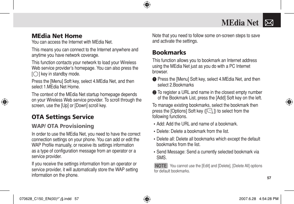 Media net, Media net home, Ota settings service | Bookmarks | Pantech C150 User Manual | Page 58 / 101