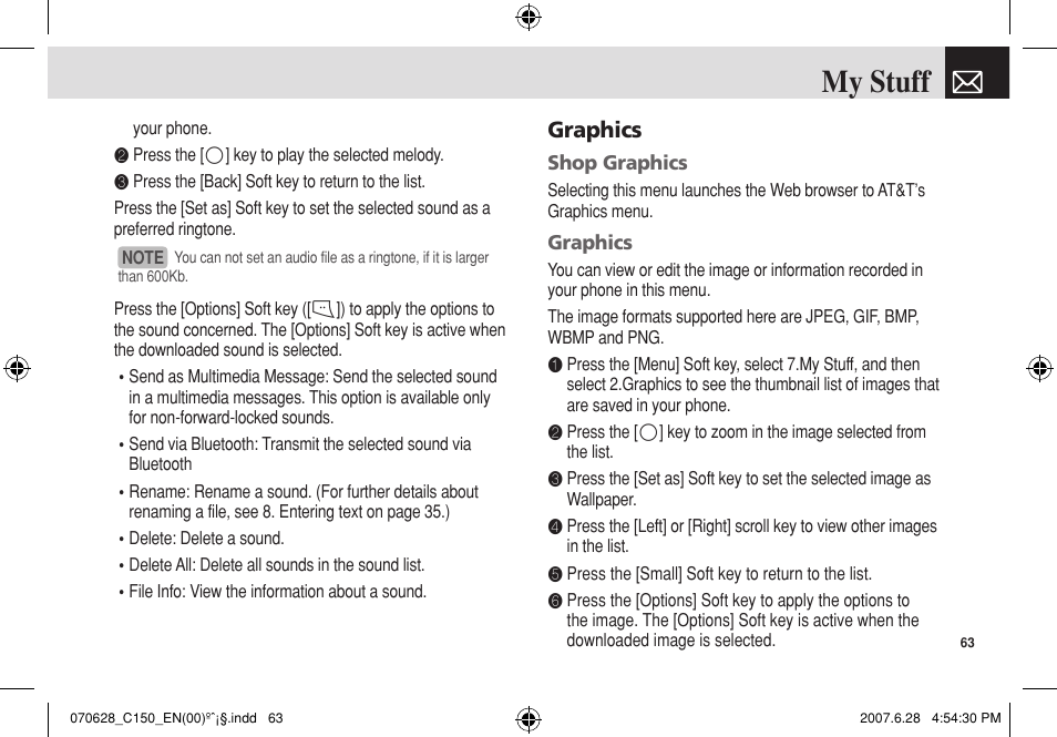 My stuff, Graphics | Pantech C150 User Manual | Page 64 / 101