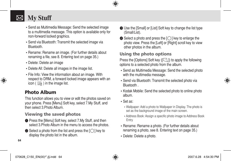 My stuff, Photo album | Pantech C150 User Manual | Page 65 / 101