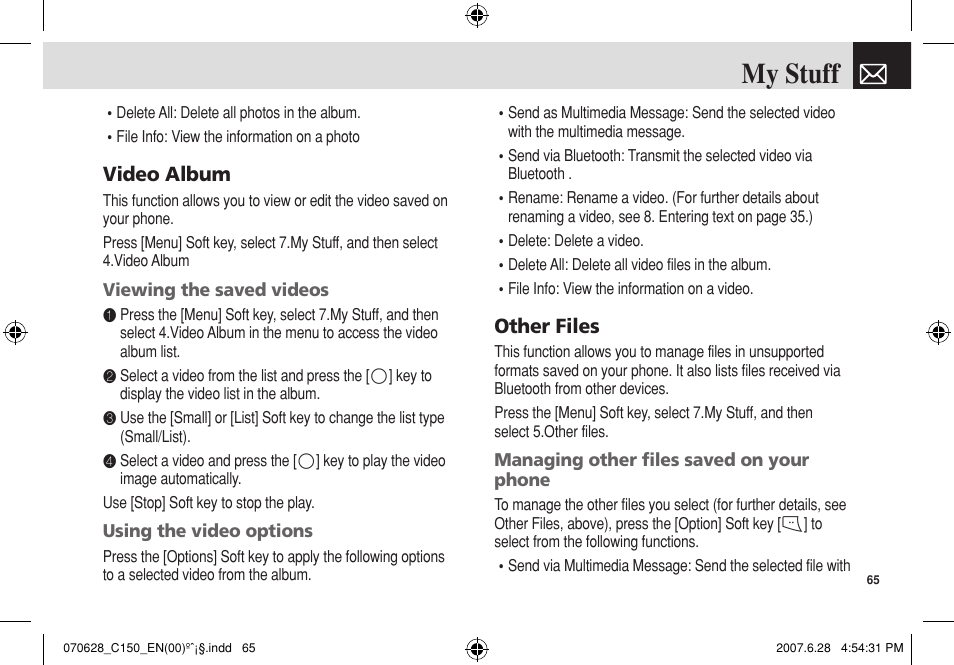 My stuff, Video album, Other files | Pantech C150 User Manual | Page 66 / 101