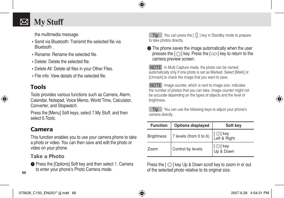 My stuff, Tools, Camera | Pantech C150 User Manual | Page 67 / 101