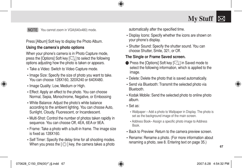 My stuff | Pantech C150 User Manual | Page 68 / 101