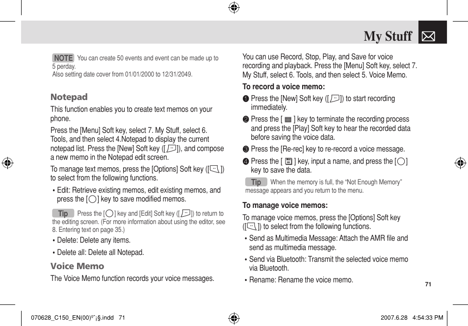 My stuff | Pantech C150 User Manual | Page 72 / 101