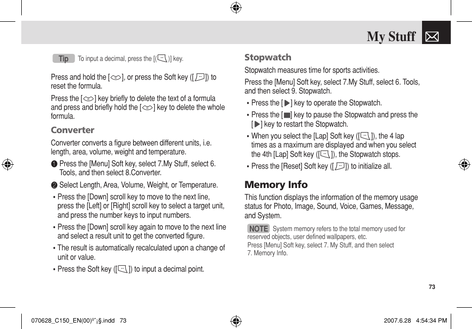 My stuff | Pantech C150 User Manual | Page 74 / 101