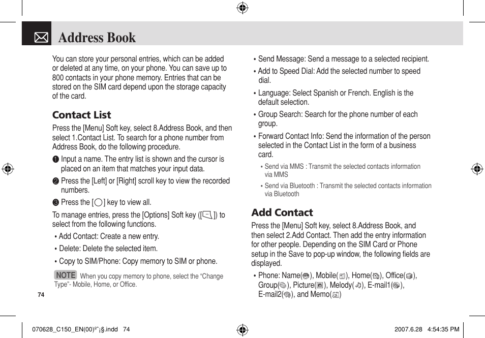 Address book, Contact list, Add contact | Pantech C150 User Manual | Page 75 / 101