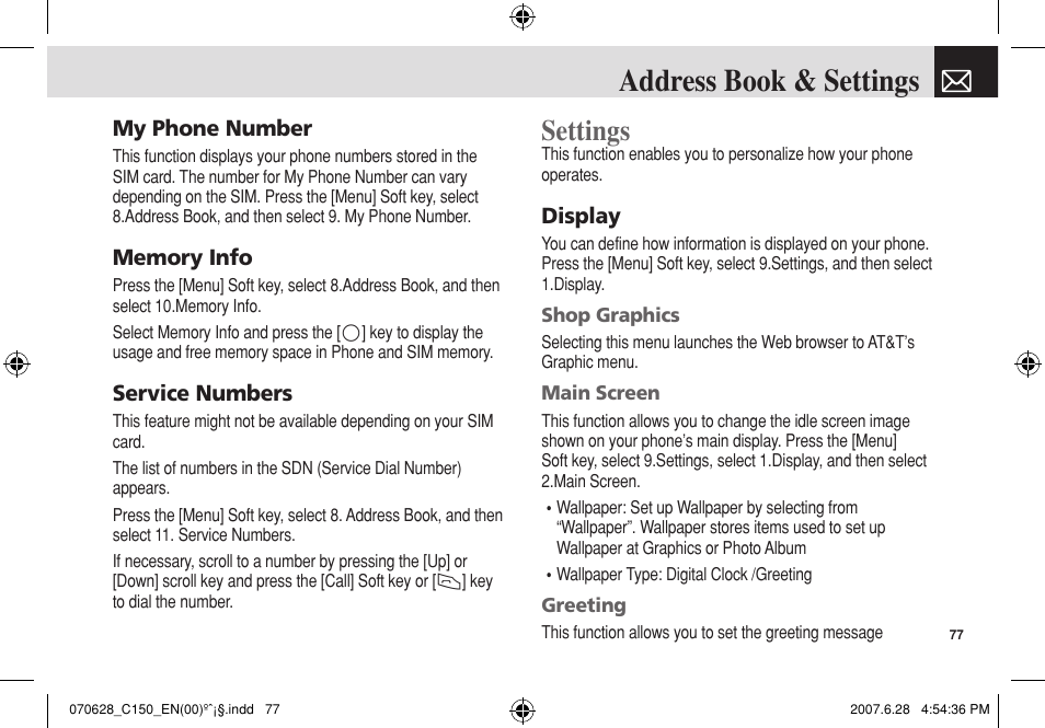 Address book & settings, Settings | Pantech C150 User Manual | Page 78 / 101