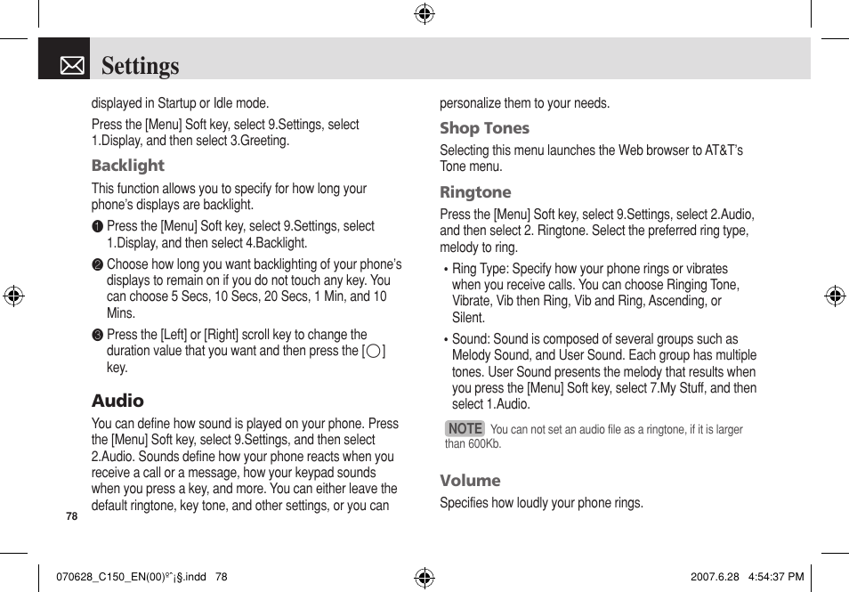 Settings, Audio | Pantech C150 User Manual | Page 79 / 101