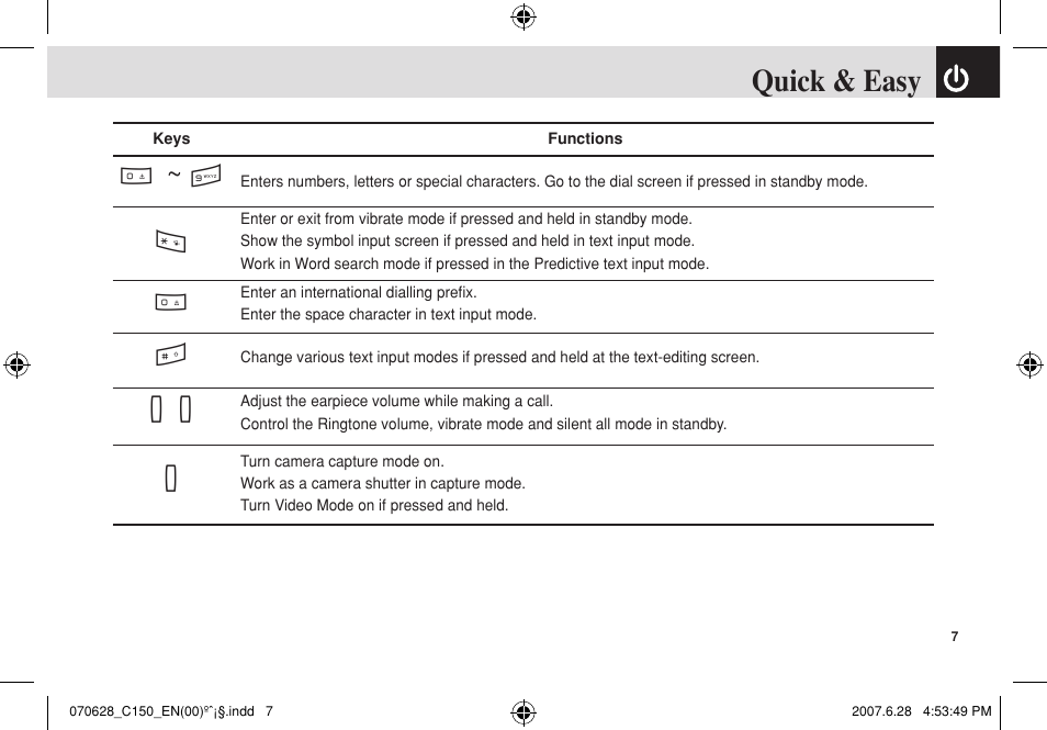Quick & easy, 0~ 9 * 0 ss | Pantech C150 User Manual | Page 8 / 101