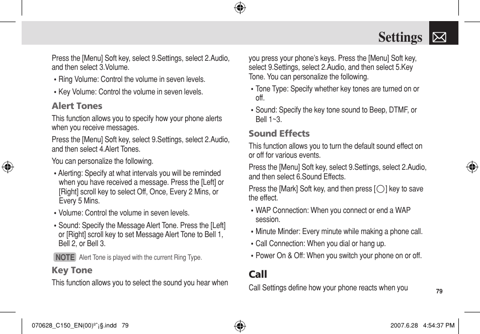 Settings, Call | Pantech C150 User Manual | Page 80 / 101