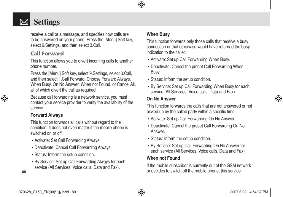 Settings | Pantech C150 User Manual | Page 81 / 101