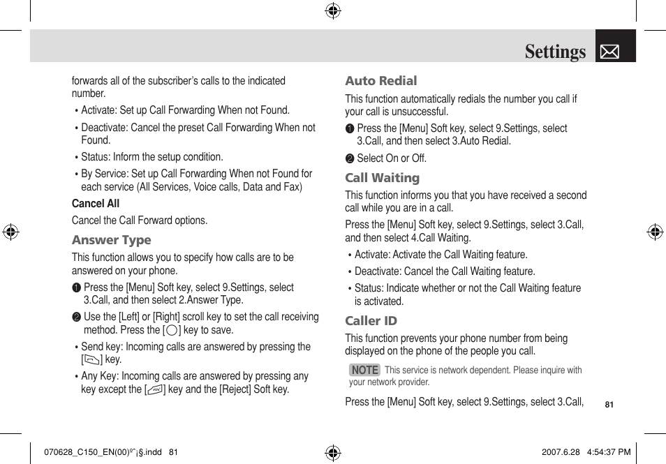 Settings | Pantech C150 User Manual | Page 82 / 101