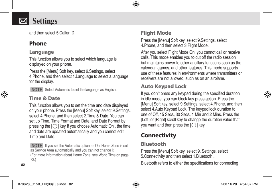 Settings, Phone, Connectivity | Pantech C150 User Manual | Page 83 / 101