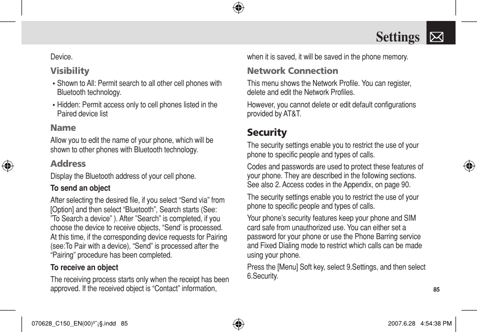 Settings, Security | Pantech C150 User Manual | Page 86 / 101