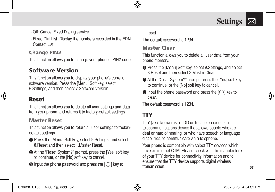 Settings, Software version, Reset | Pantech C150 User Manual | Page 88 / 101