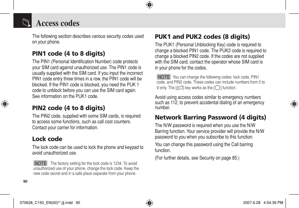 Access codes, Pin1 code (4 to 8 digits), Pin2 code (4 to 8 digits) | Lock code, Puk1 and puk2 codes (8 digits), Network barring password (4 digits) | Pantech C150 User Manual | Page 91 / 101