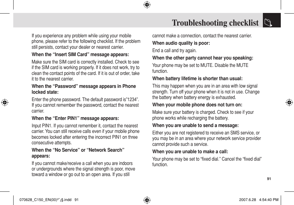 Troubleshooting checklist | Pantech C150 User Manual | Page 92 / 101