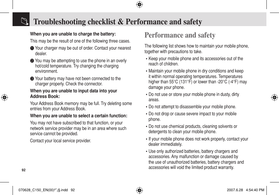 Troubleshooting checklist & performance and safety, Performance and safety | Pantech C150 User Manual | Page 93 / 101