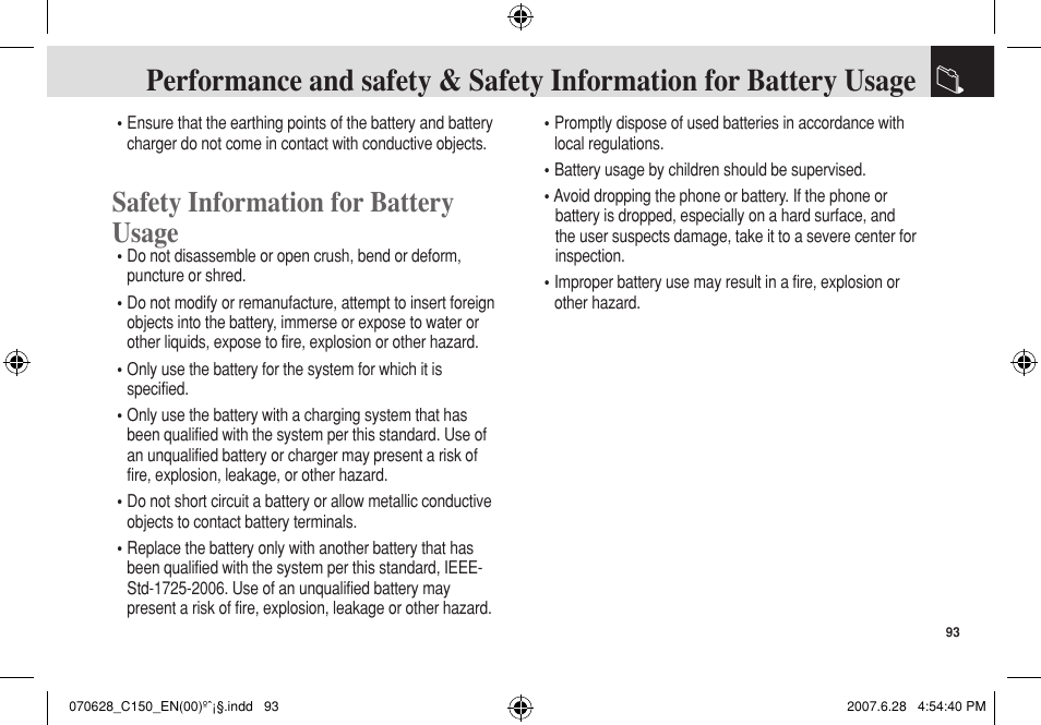 Safety information for battery usage | Pantech C150 User Manual | Page 94 / 101