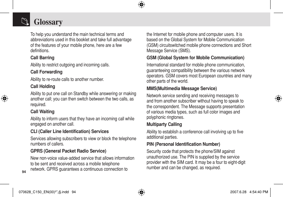 Glossary | Pantech C150 User Manual | Page 95 / 101