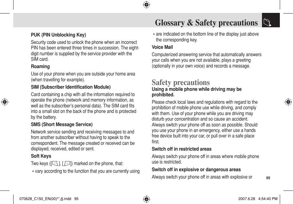 Glossary & safety precautions, Safety precautions | Pantech C150 User Manual | Page 96 / 101