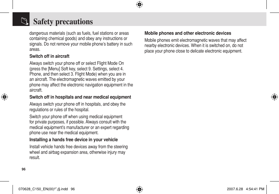 Safety precautions | Pantech C150 User Manual | Page 97 / 101